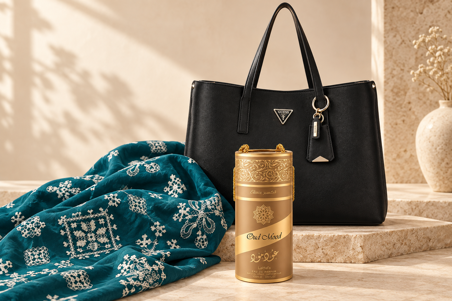 A&H collection featuring a black Guess bag, teal embroidered fabric and Lattafa Oud Mood Elixir fragrance